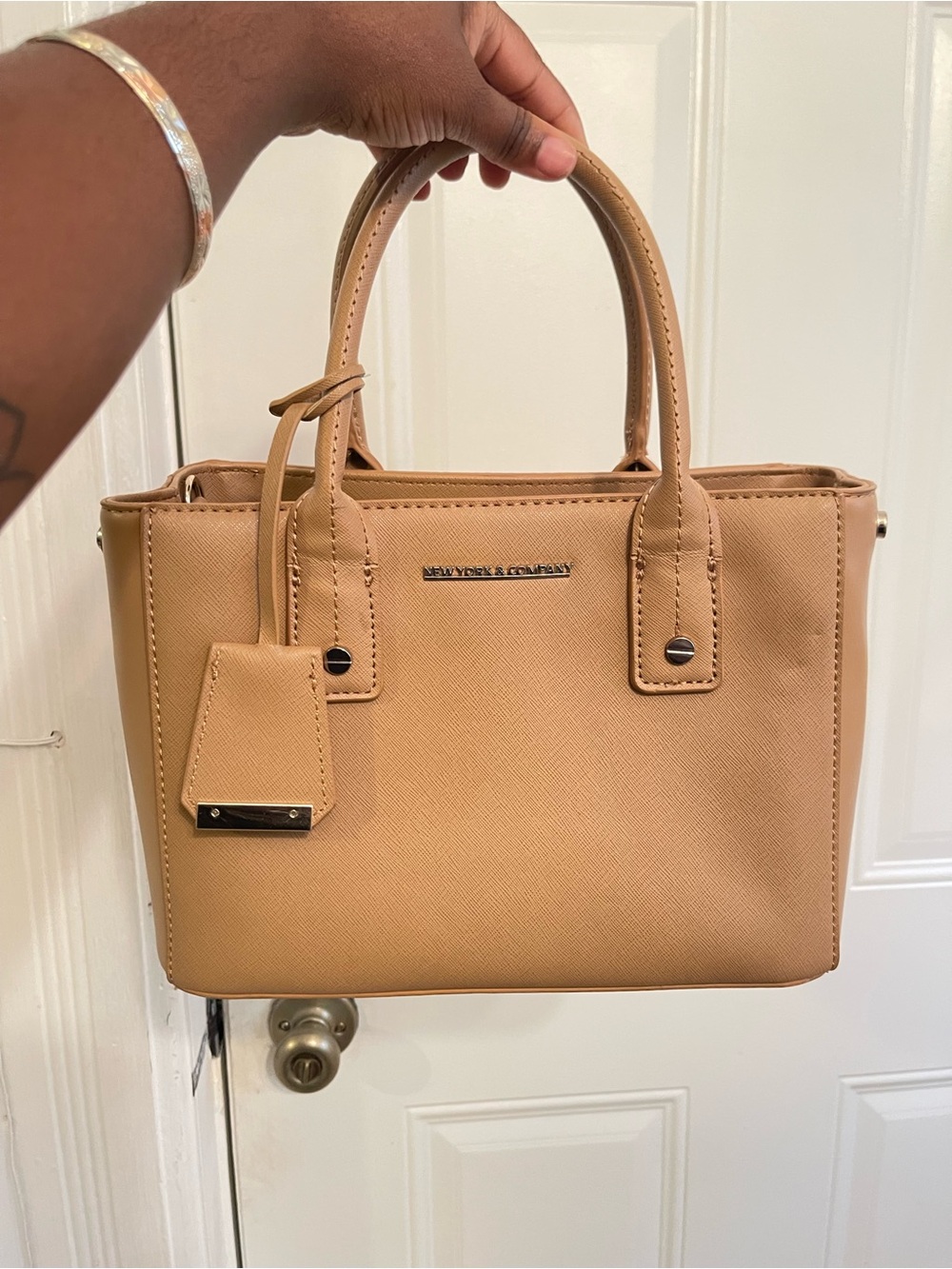 New York & Company Tan Structured Saffiano Tote